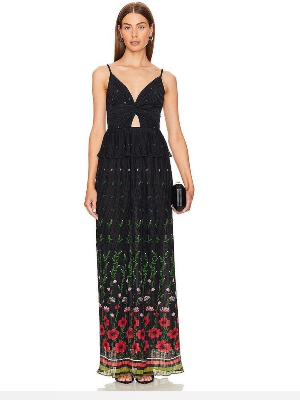 Sabina Musáyev Black Floral Pleated Maxi Dress | XL | Made in Israel